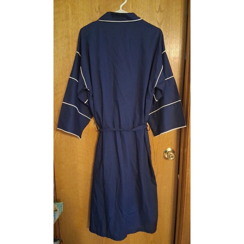 VTG Rabhor Men's Robe Navy Blue with White Piping Accent One Size Cotton/Poly